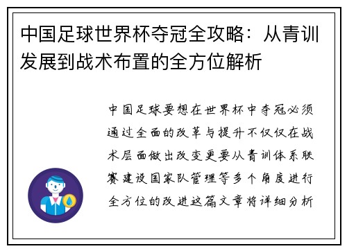 中国足球世界杯夺冠全攻略：从青训发展到战术布置的全方位解析